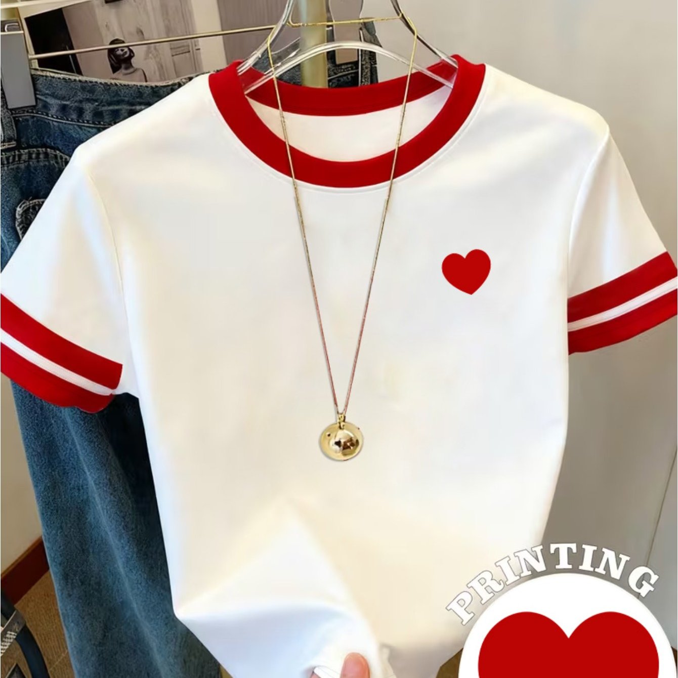 TEMU D345q-one-piece Spring Summer Women's Fashion Women's Short Sleeve T-shirt, Solid Color Heart Print, , Date Outing Hot Search Style Trendy