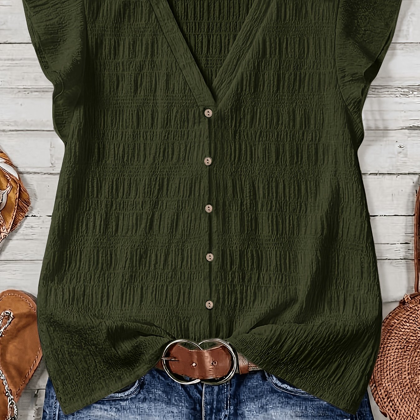 TEMU Plus Size, Plus Size Women's Summer Solid Color V-neck Short Sleeve Blouse Top