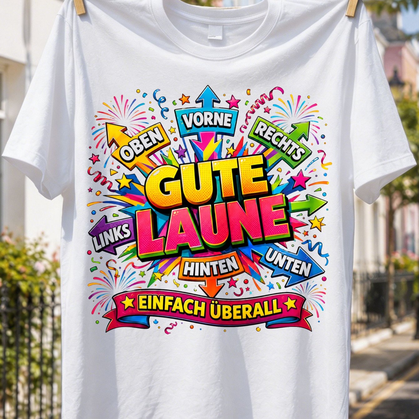 T-shirt, Vibrant Fireworks, Confetti Stars And Arrows Around German Lettering, Festive Pop
