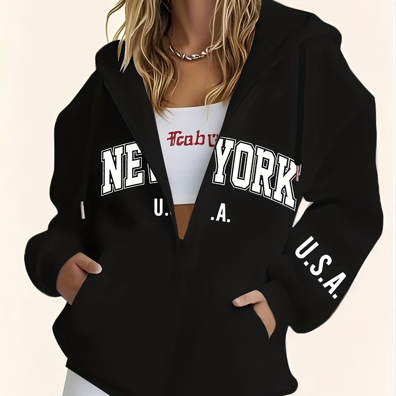 E-shop Damen Casual Hoodie mit Reißverschluss Letter Print, Maschinenwaschbar mit Komfortfutter, Warme Herbst/Winter Sweatshirt, Niedliches Design,