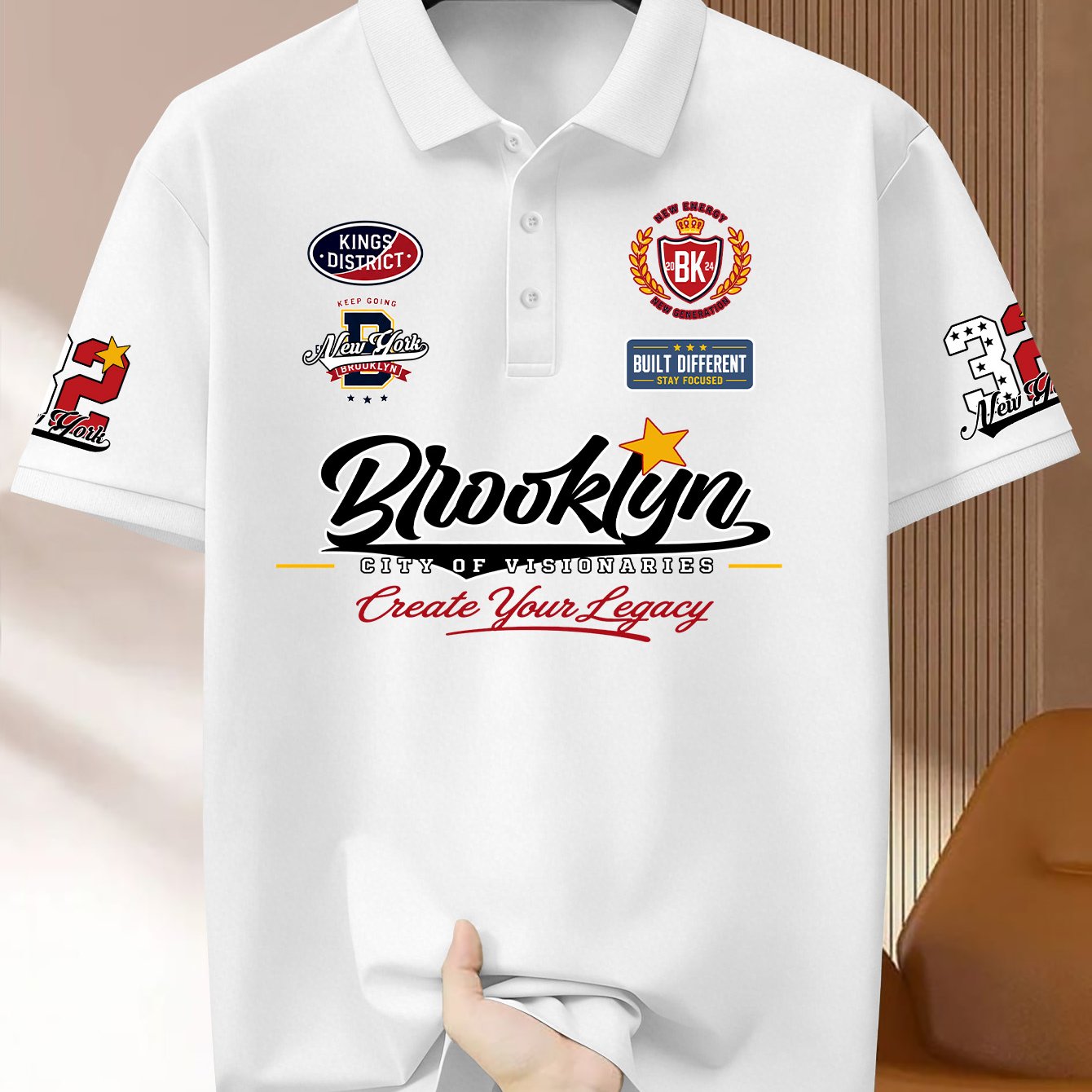 TEMU European And Men's Fashion Casual Multi-badge Logo Brooklyn Print Short-sleeve Shirt