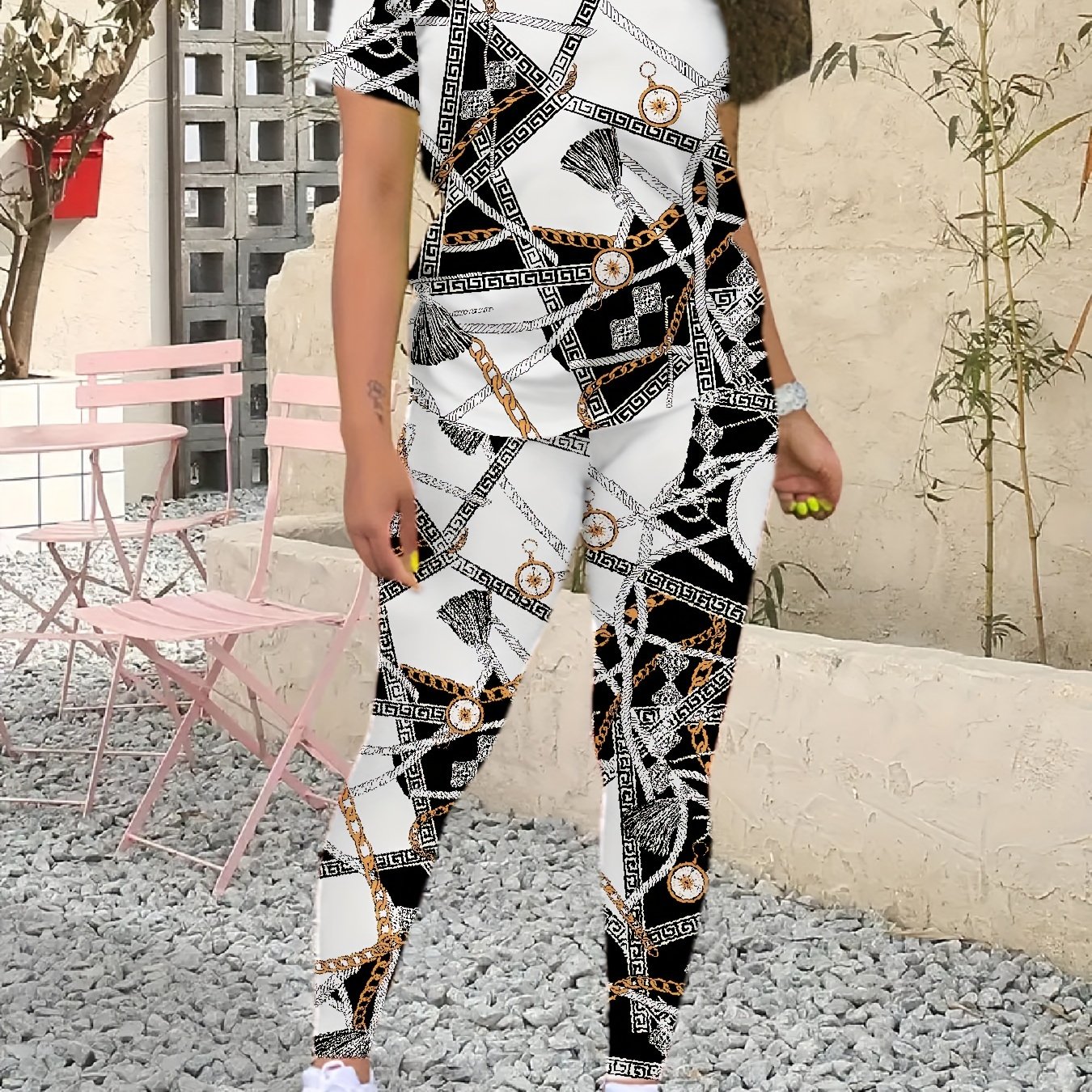 TEMU Geo Print Two-piece Set, Casual Short Sleeve T-shirt & Skinny Pants Outfits, Women's Clothing
