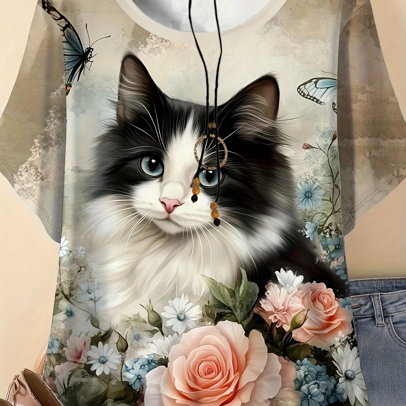 Image of Plus Size, Women's Plus Size Vintage Cat & Tie-dye T-shirt - Short Sleeve Round Neck Suitable For - Casual Wear, Full-print For Curvy Women, Machine Washable Everyday Top