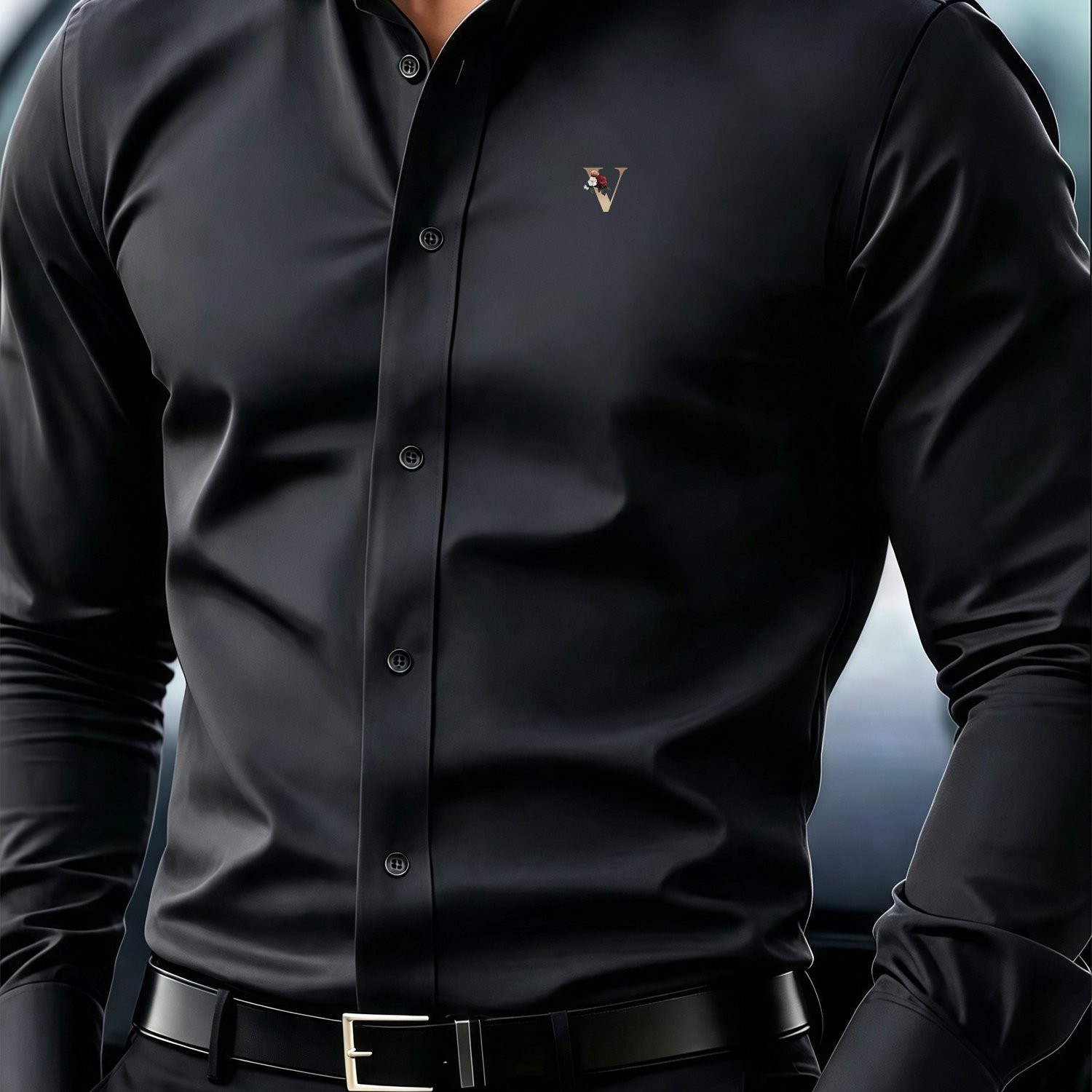 TEMU Men's Long Sleeve Dress Shirt, V-neck Floral Small Label Embellishment Shaping Stable Temperament Highlighting Mature Men's Powerful Aura