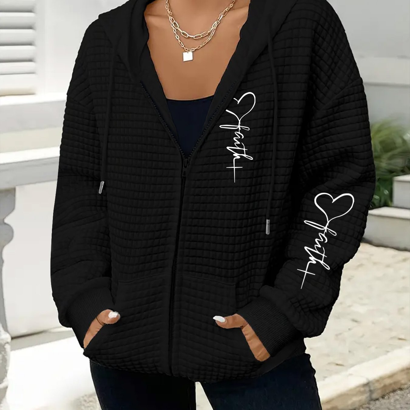 TEMU Plus Size - Plus Size - Newly -size Women's Jacket Hoodie, Stylish Plus-size Women's Waffle Hooded Sweatshirt Coat, Hoodie With Pockets, Casual