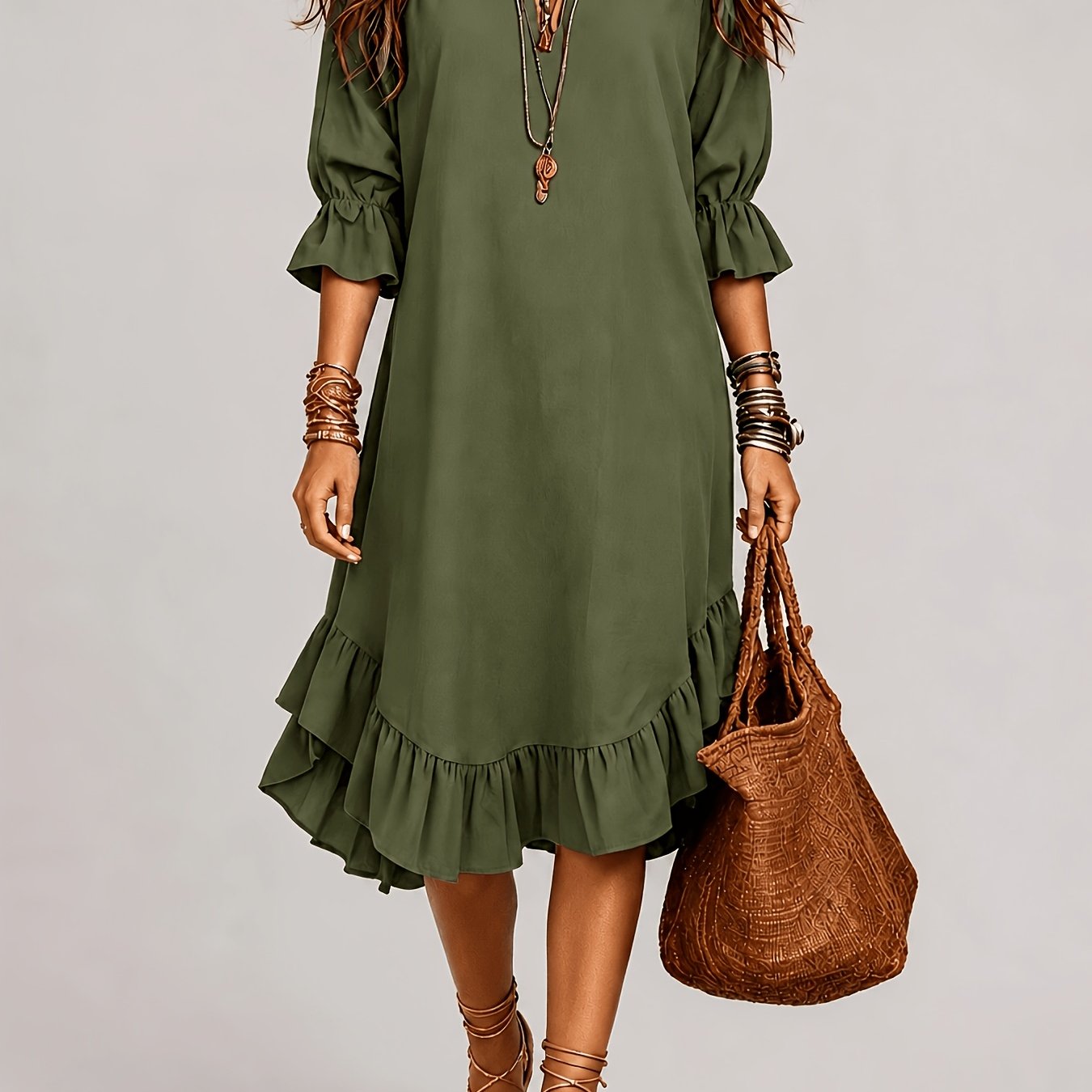 TEMU 1pc 2026 Summer Women's Midi Dress Solid Army -neck 3/4 Ruffle Sleeve Irregular Hem Loose Bohemian Casual Daily Beach Vacation Dress