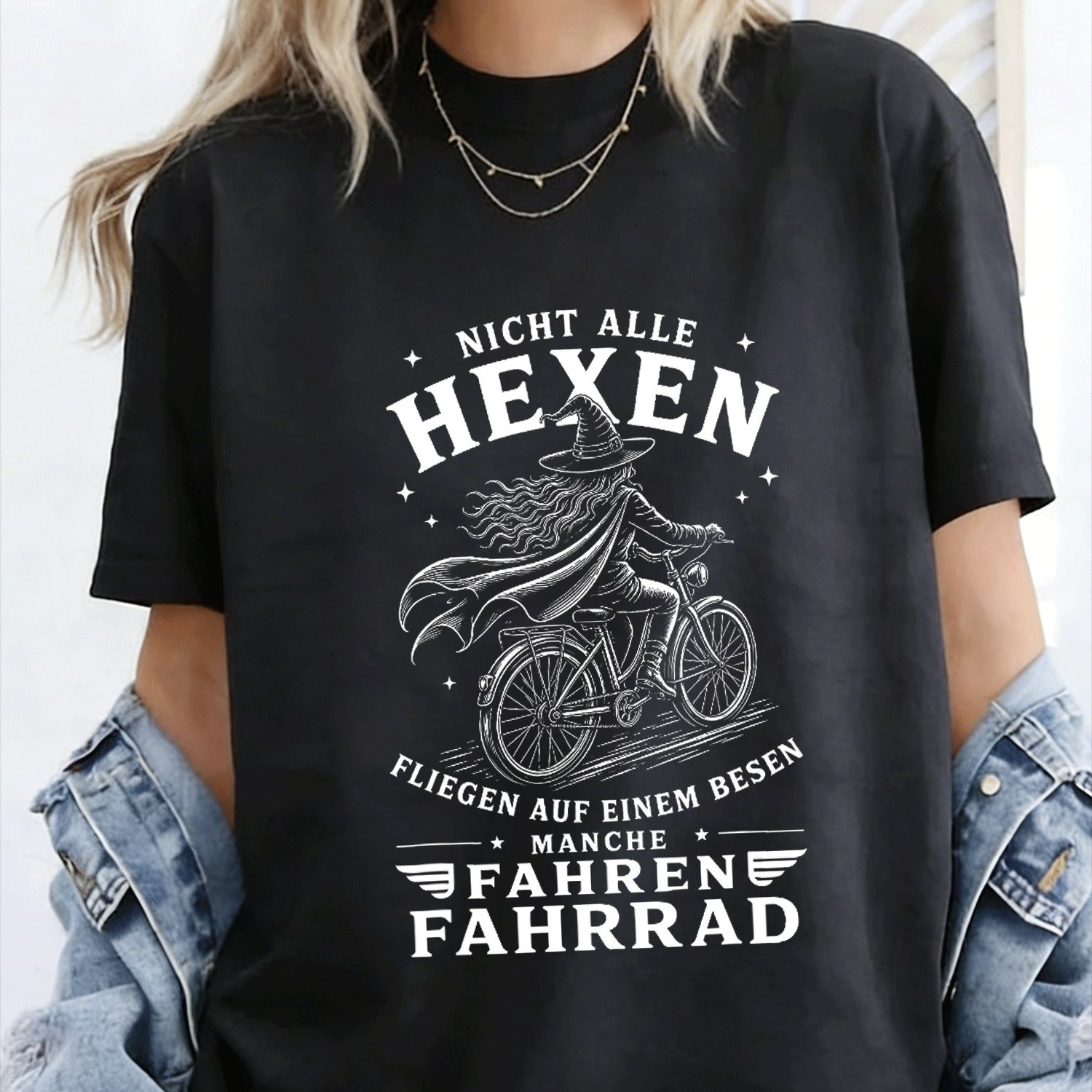 Image of Plus Size - T-shirt With German Text "not All Witches A Broom, Some Travel Overseas" Print Y2k Oversized Unisex T-shirt For Men And Women Retro 2000s Streetwear Baggy Graphic Tee
