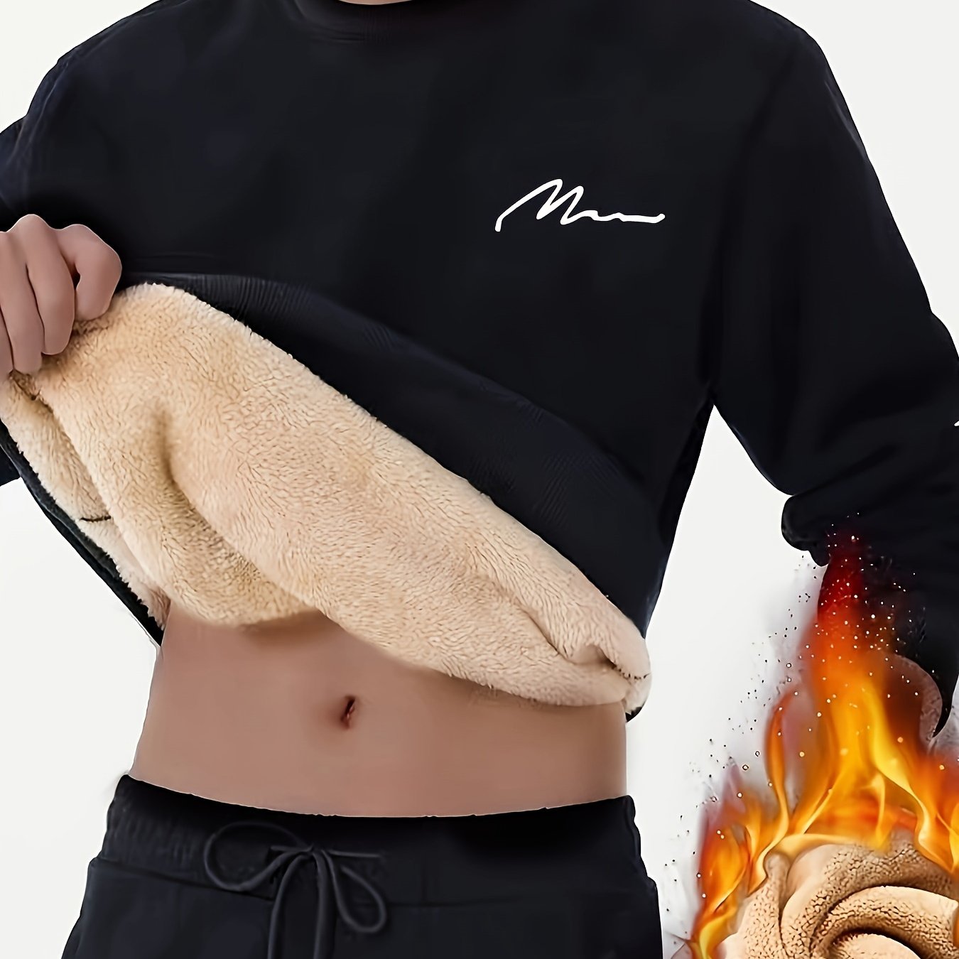 Men's Winter Fleece-lined Crew Neck Long-sleeved Print Sweatshirt Loose Casual Lamb Pullover