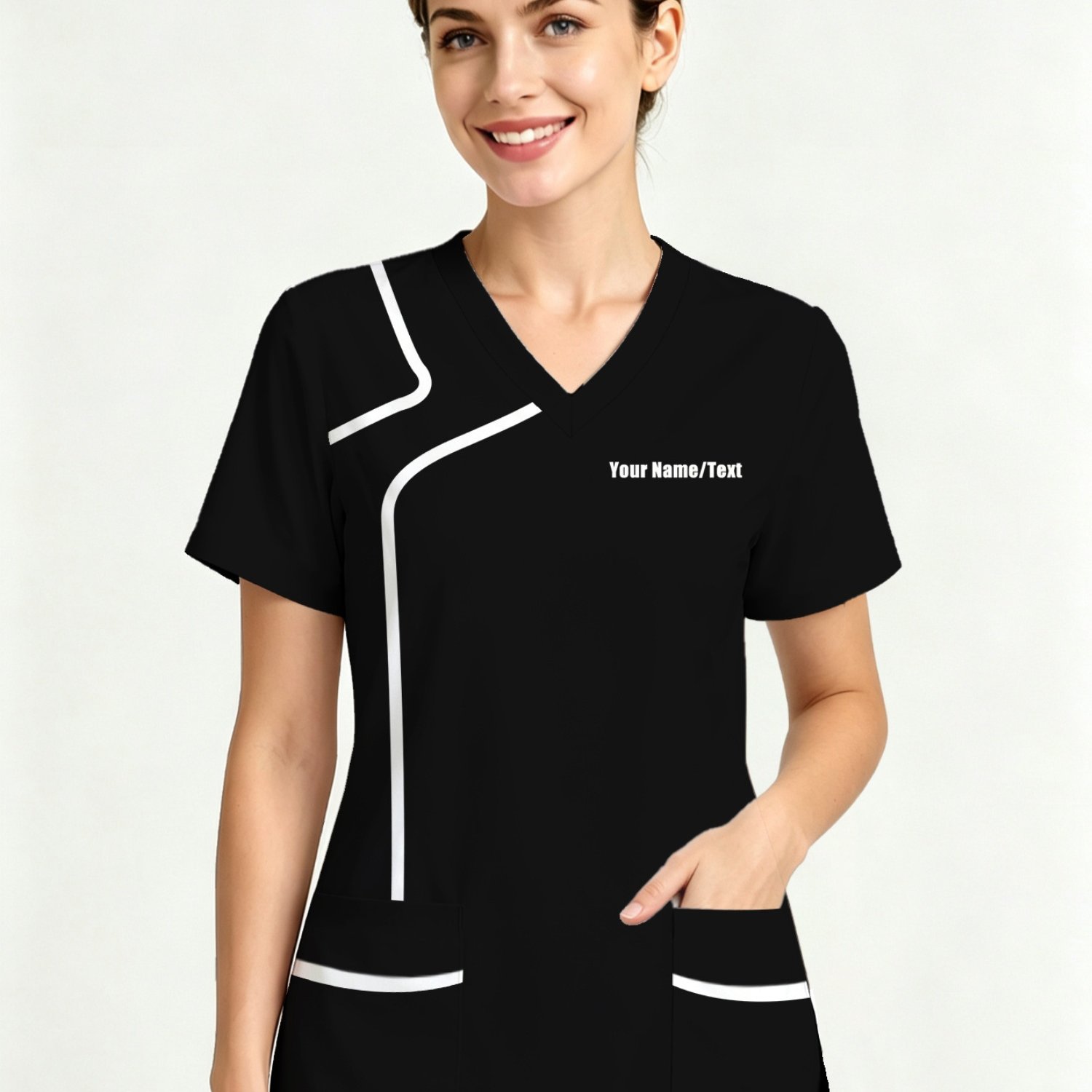 TEMU Customizable Name Women's V-neck Short Sleeve Work Uniform, Asymmetrical Lines Contrast Color Double Pocket T-shirt, Easy Design Sense T-shirt,