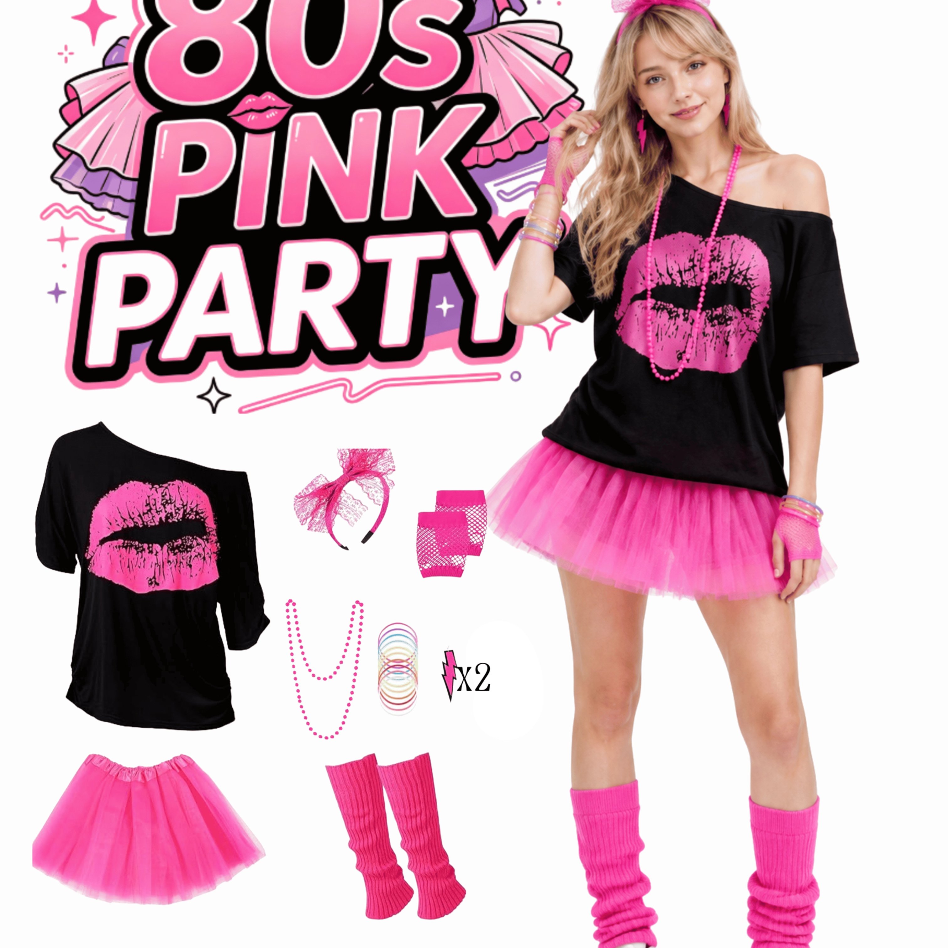 TEMU 80s Costume Lips Print Off Shoulder T-shirt Tutu Skirt Set For Women Adult Halloween Cosplay Party Lace Headband Neon Necklace Earrings Fishnet