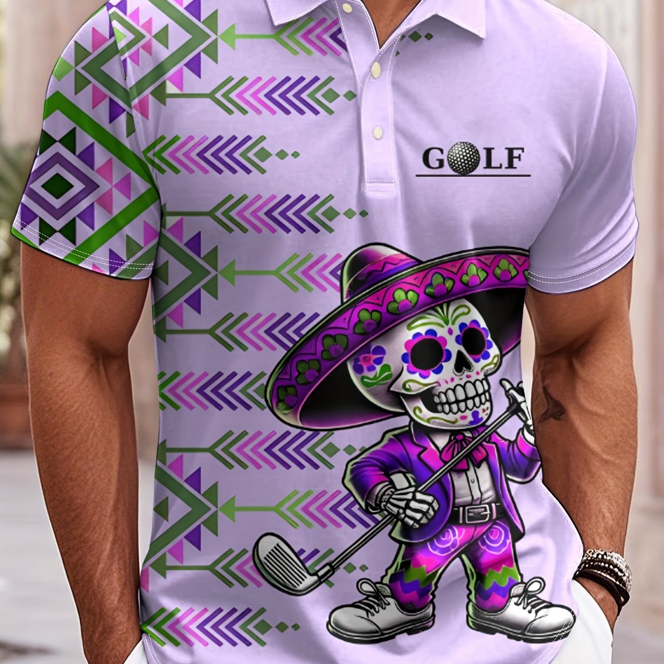 TEMU T-shirt de golf et de Jour des Morts pour hommes - respirante H-Fit, style décontracté léger, adapté au golf, aux événements à thème - Vêtement