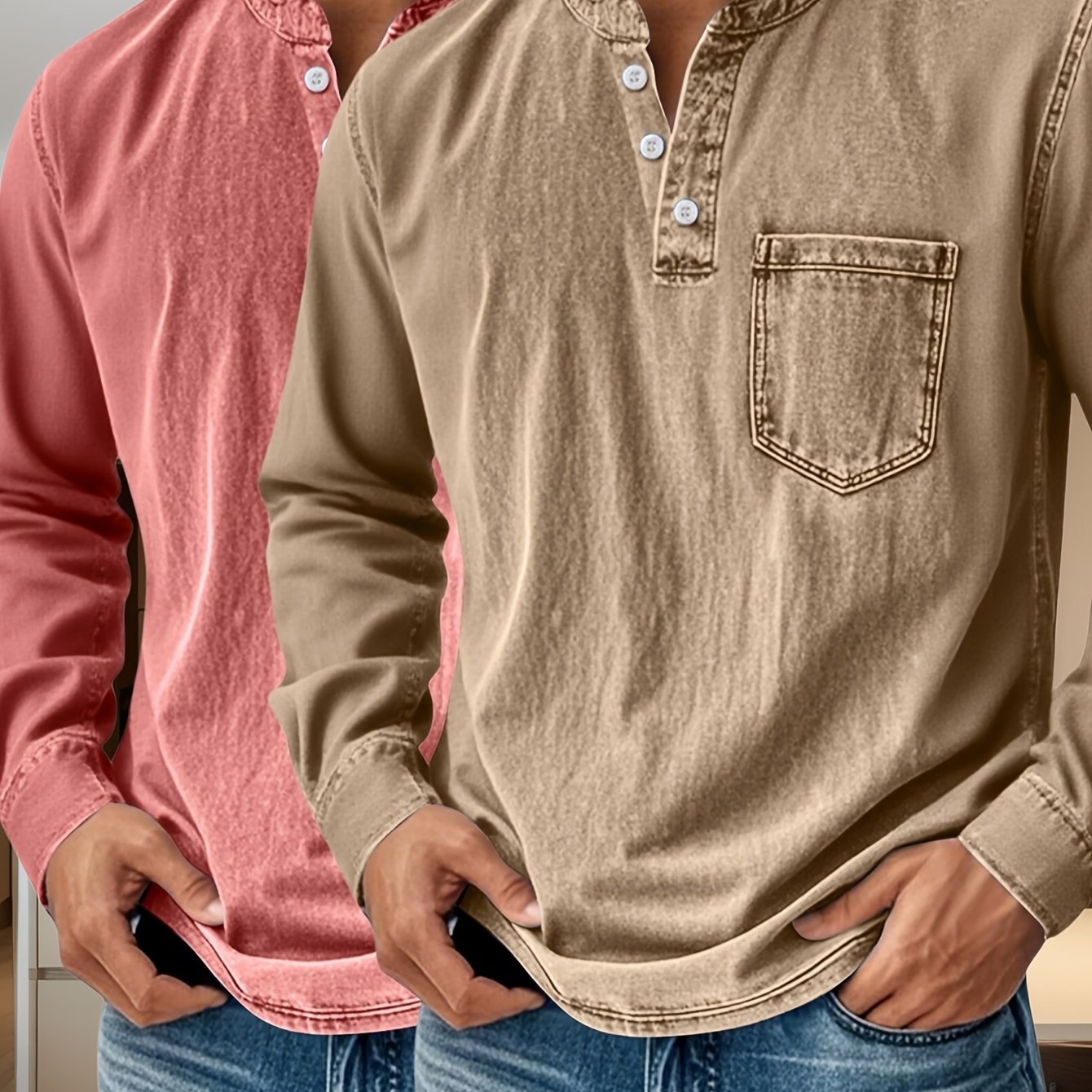 Image of 2pcs Men's Vintage Washed Henley Shirts, Long Sleeve Collar 3 Buttons Casual Shirt, Denim Cotton Shirts, Pullover T-shirt With Pocket, Daily Tee Tops, Workout Sport Work Sweatshirts