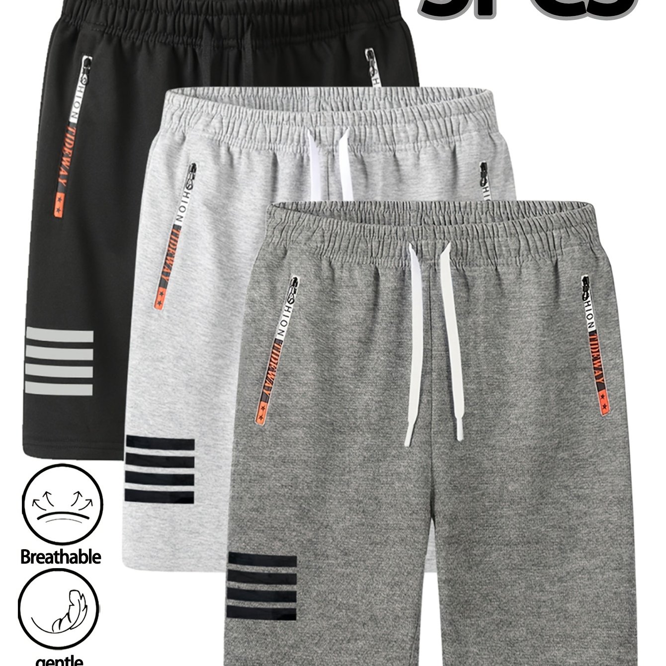 Image of Outfits 's And Teen ' Casual Sports Shorts 3pcs, Elastic Waist Drawstring Workout Shorts With Zipper Pockets, Striped Running Jogging Sweat Shorts For Summer Daily Wear, For Outdoor, For, For Teenager