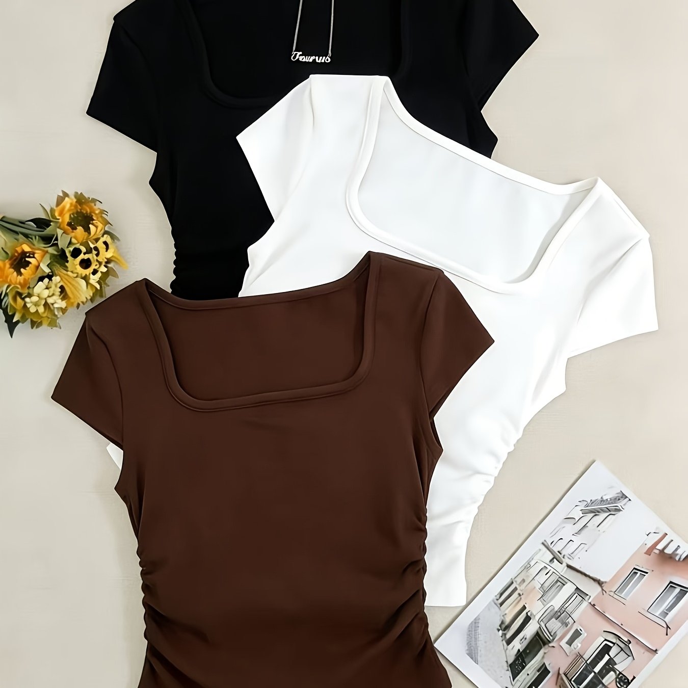 Women's 3pcs/set Casual Easy Versatile Trim Neck Short Sleeve T-shirt Top