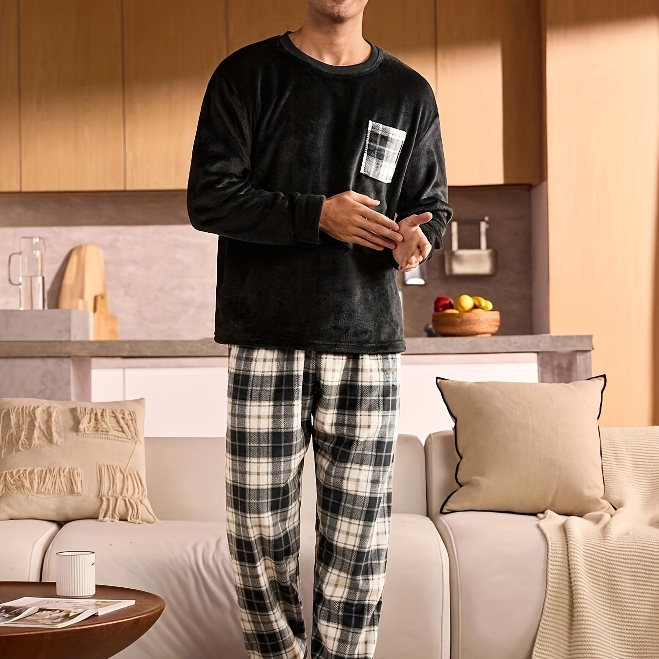 E-shop Easy Style Herren Pyjama Set Warme Flanell Hauskleidung Langarm Rundhals Lockerer Oberteil und Lockerer Hosen Herbst Winter Set