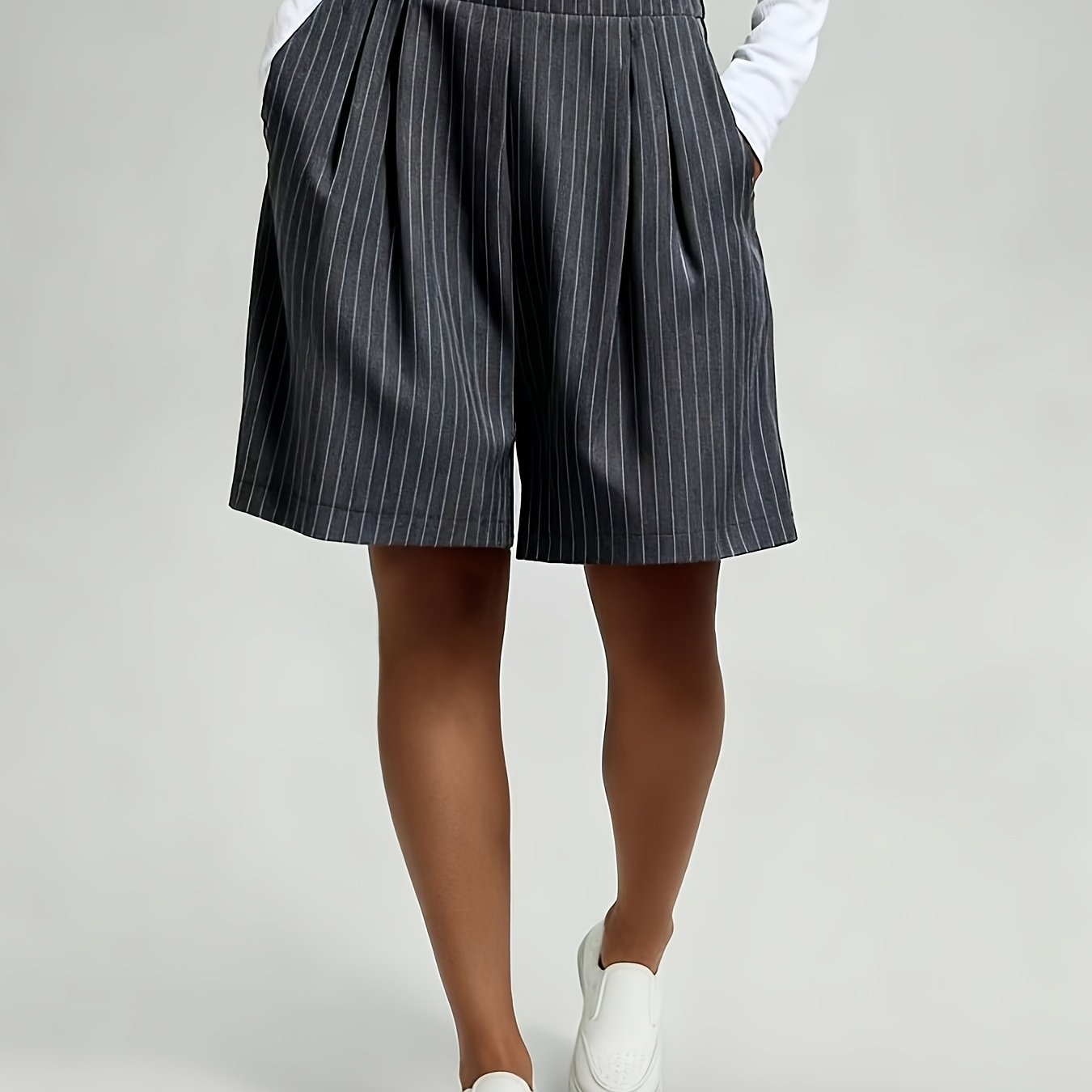 E-shop Damen Weitbeinige Shorts - Weite Taille ohne Gummizug, Lockere Passform mit , Gestreifte High-Waist Weitbeinige Hose für Frühling Sommer,
