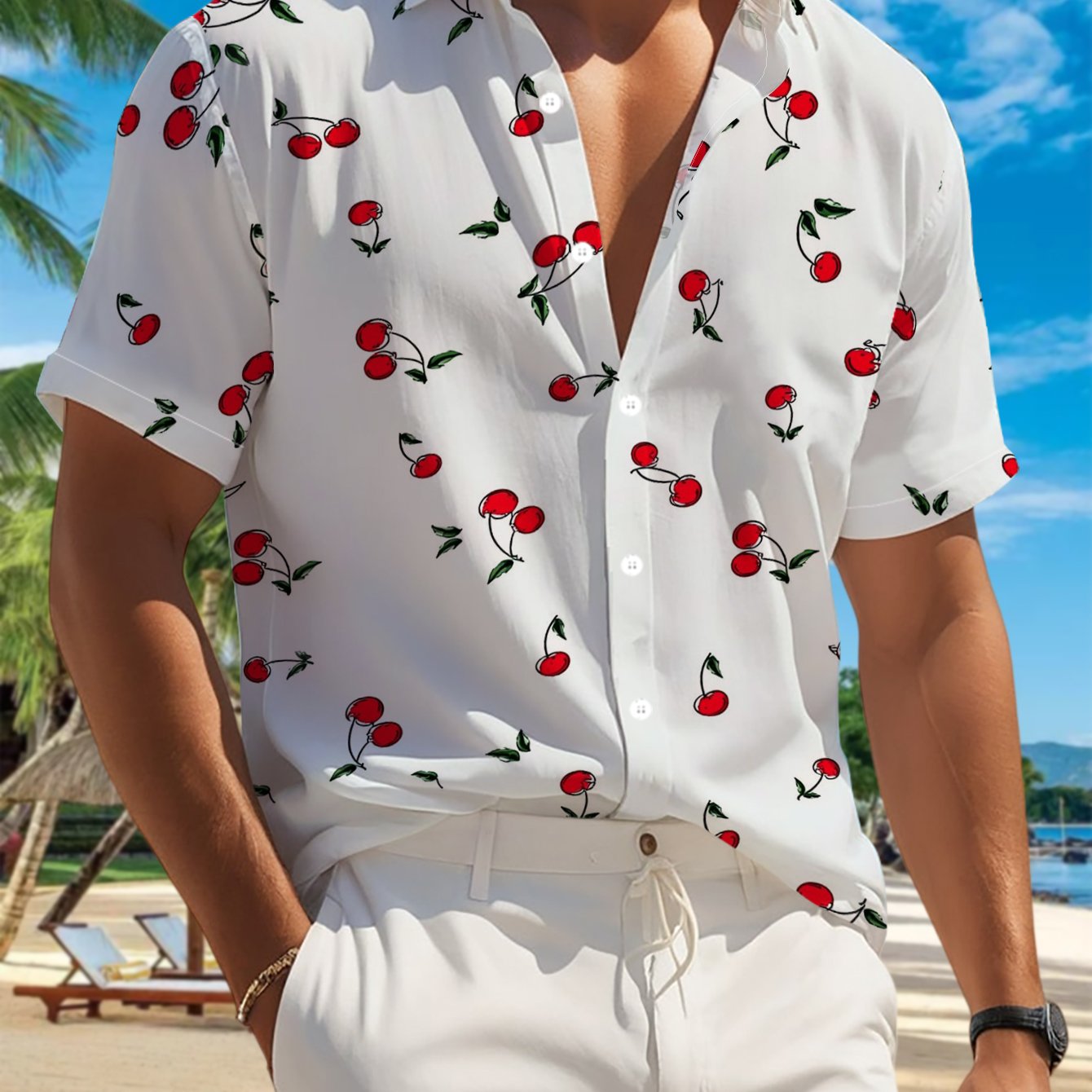 TEMU 's Casual Short-sleeve Shirt With And Green Leaf Print On White Background, Fashionable And Sporty, Versatile For Holiday Parties And Commuting,