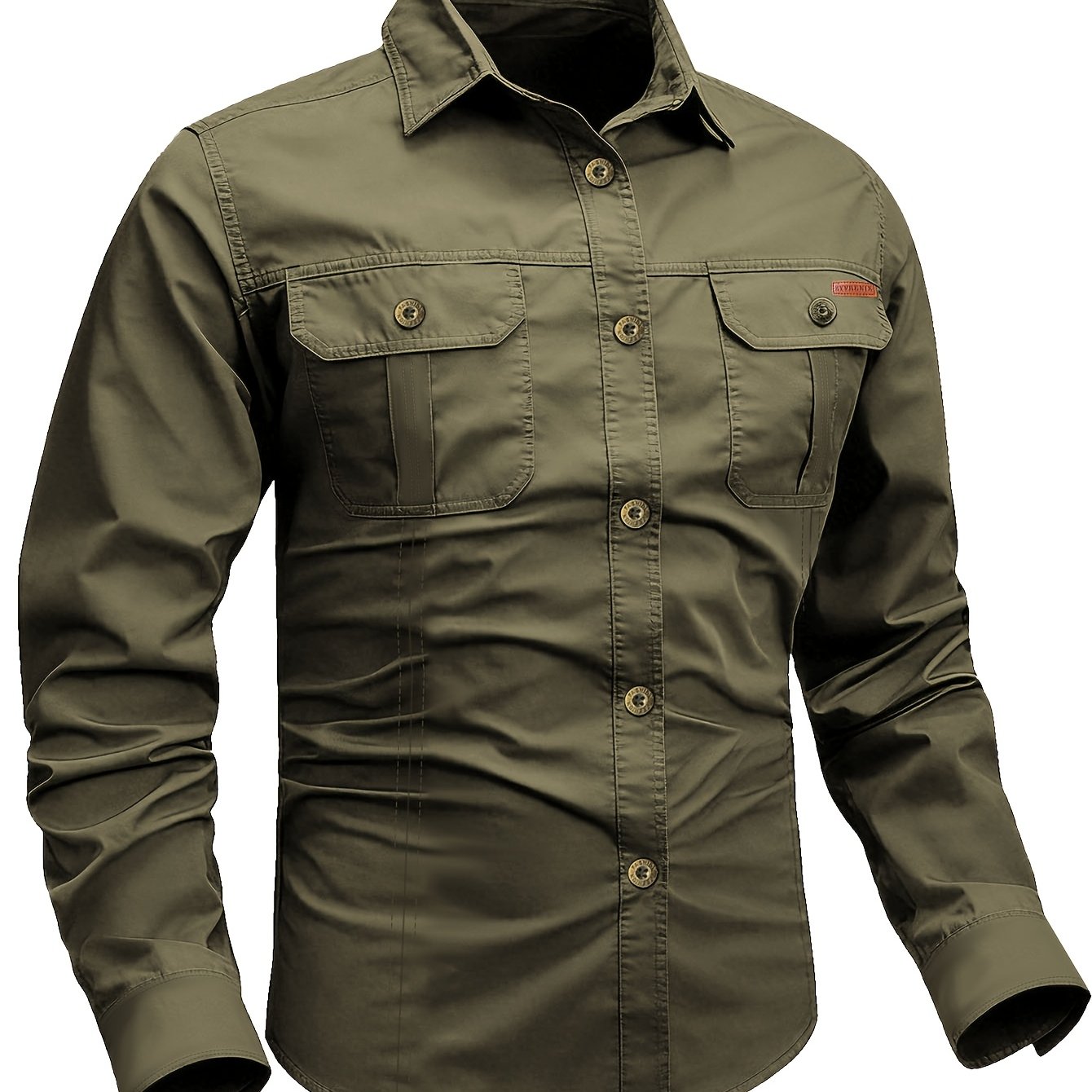 Men's Green Long Sleeves Button Up Collar Pocket Shirt, Solid Color Retro Style Elastic Casual Camping Shirt