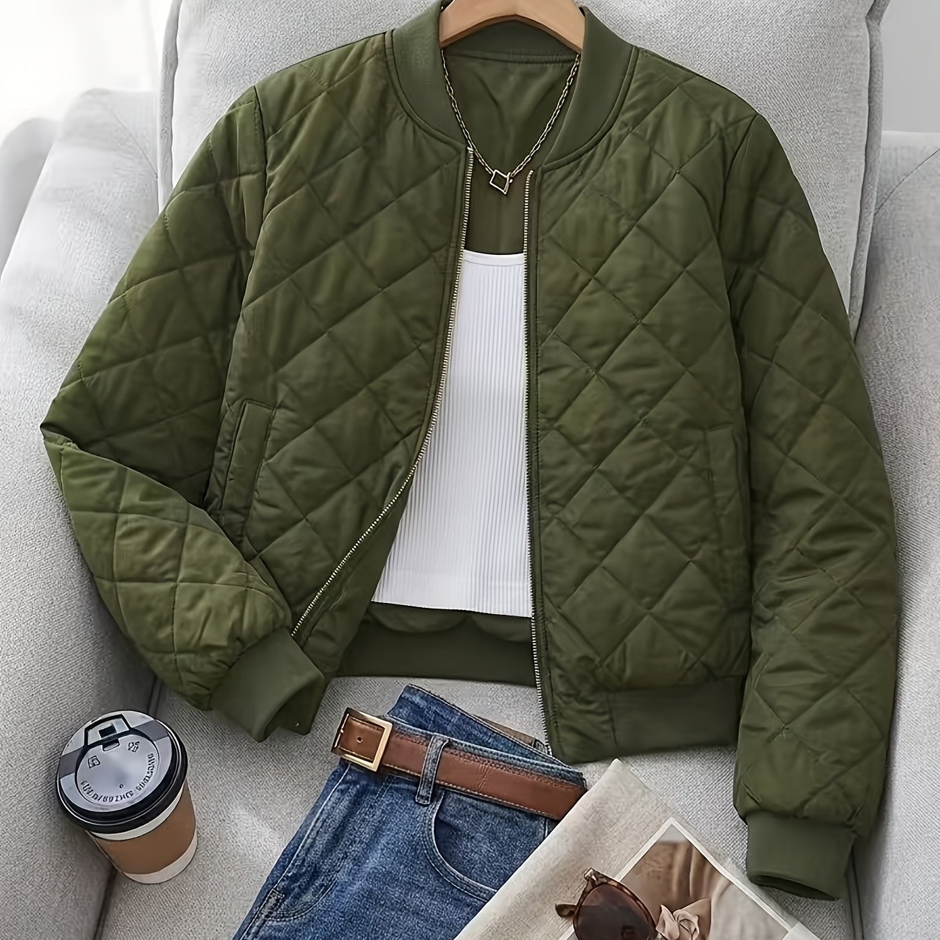 TEMU 2026 Autumn Winter New Diamond Check Quilted Baseball Jacket Women's Short Collar Zip-up Lightweight Padded Coat All-match Windproof Pocket