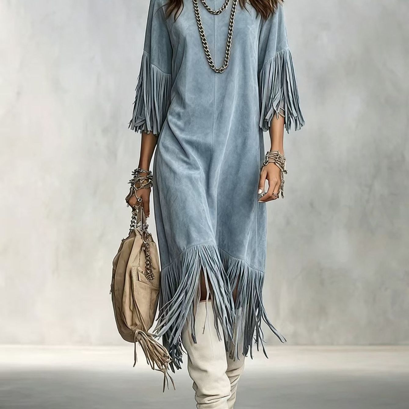 TEMU Robe pull à ourlet à franges pour femme - Robe longue chaude unie à col rond pour tenue décontractée quotidienne, et extérieur, compatible avec