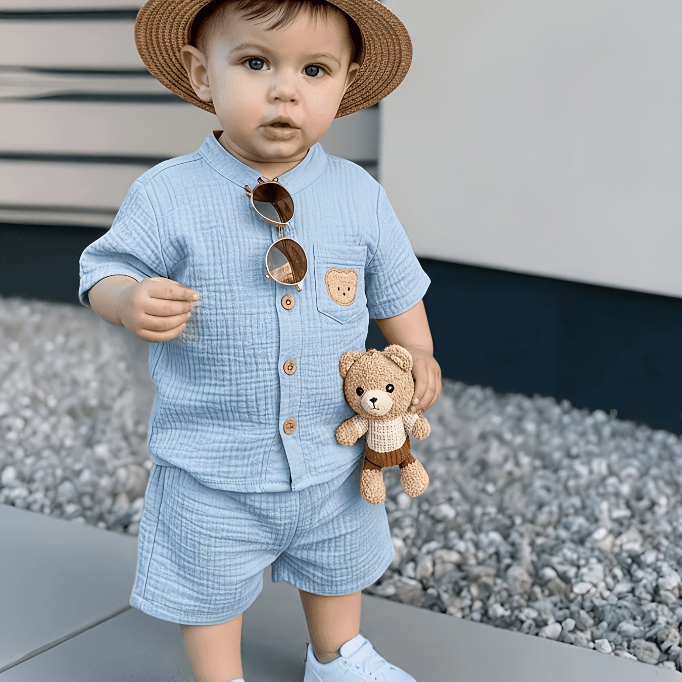 Image of 2-piece Set: 0-3 Years Boys' Collar Short Sleeve Shirt And Shorts Set. Features A Patch, Suitable For Little Boys' Outdoor Scenes, Simple, Casual, And Versatile