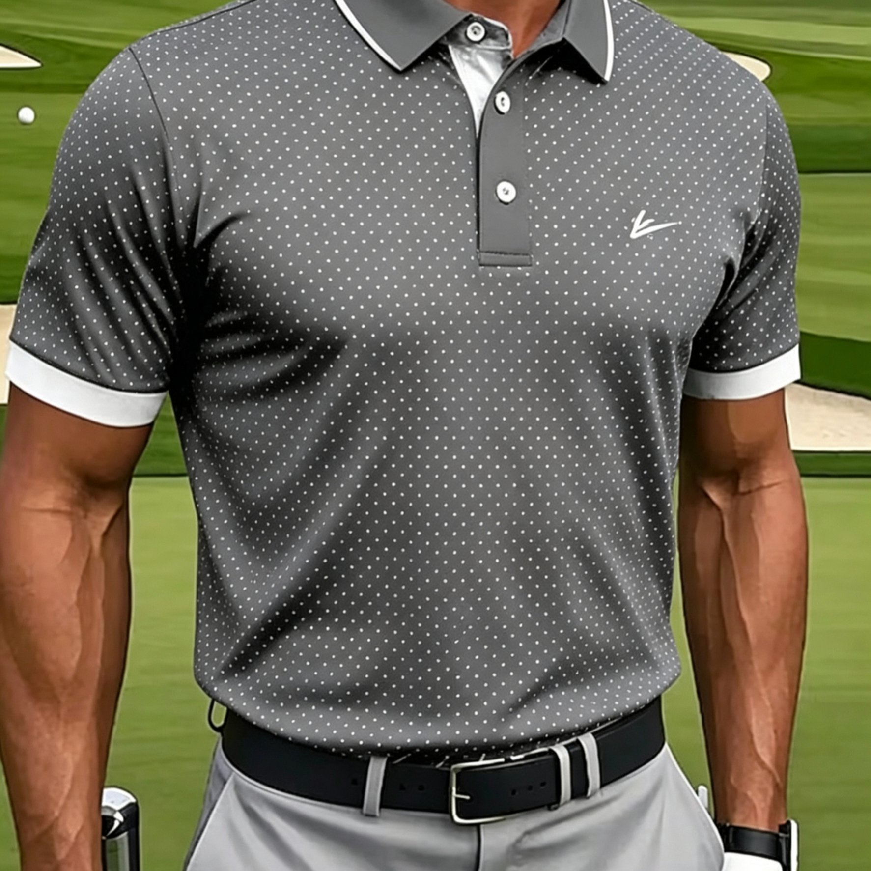 TEMU [print Design-not Textured] Men's Casual Athletic Short Sleeve, Polka And Golf Pattern Print, Polyester Fabric Machine Washable, Breathable