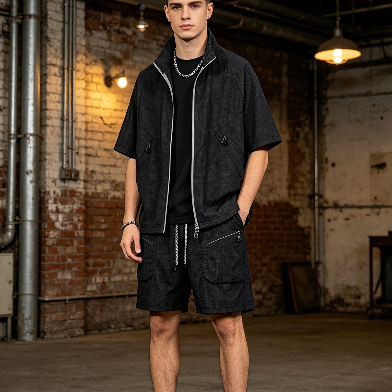TEMU Summer 's Short Sleeve And Shorts Set Casual Fashion Loose Lightweight Comfortable Breathable Set Stand Collar Zipper