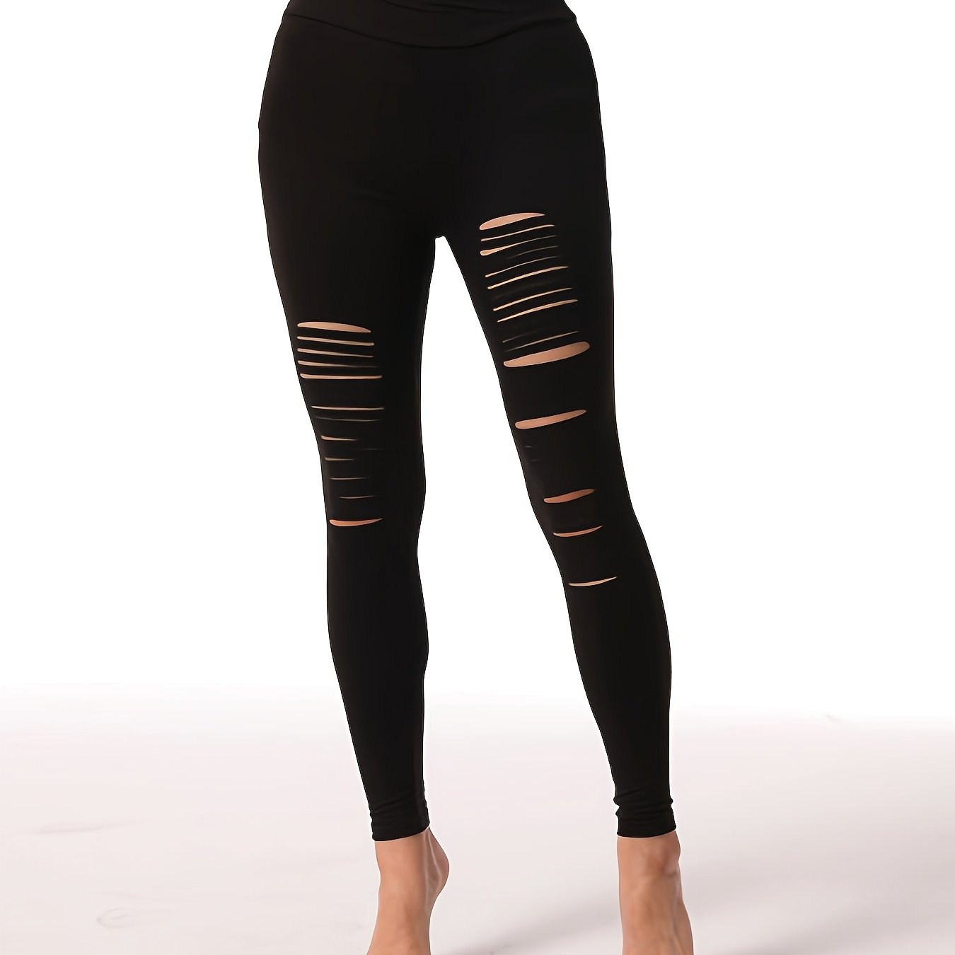 TEMU Women's Black Skinny Leggings With Unique Cutout Design - High Stretch Fabric, Street Style Leggings, Adult, Casual Wear Leggings|modern