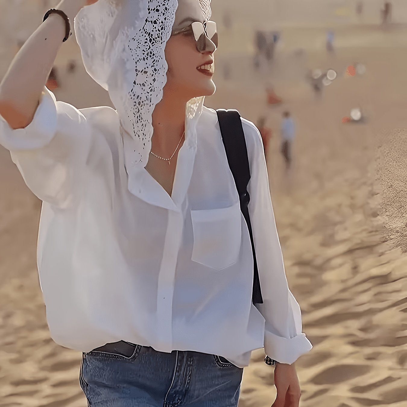 TEMU Elegant Lace Hooded Top