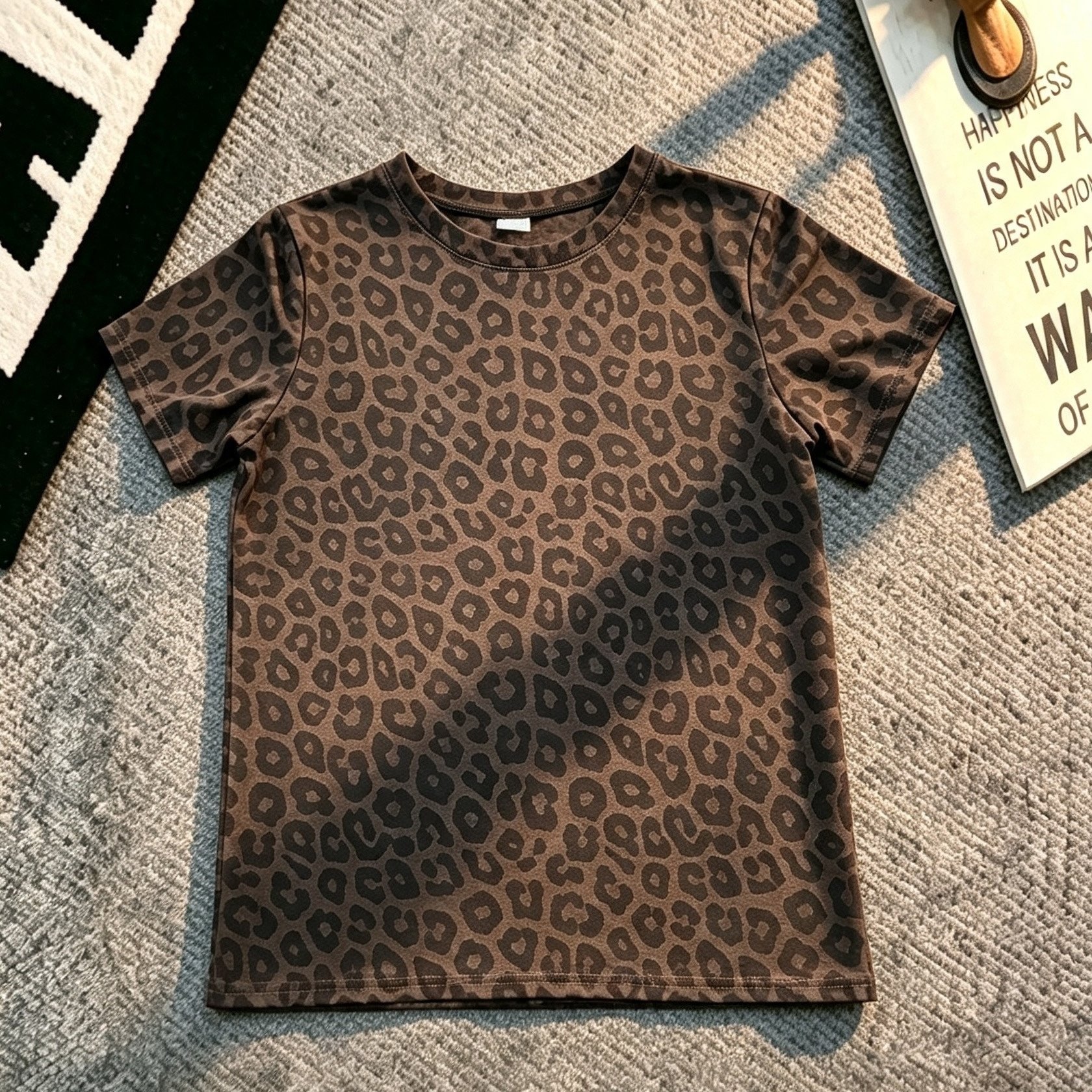 TEMU Vintage Dark Brown Leopard Print Crew Neck Short Sleeve T-shirt Casual Loose Slim Fit Versatile