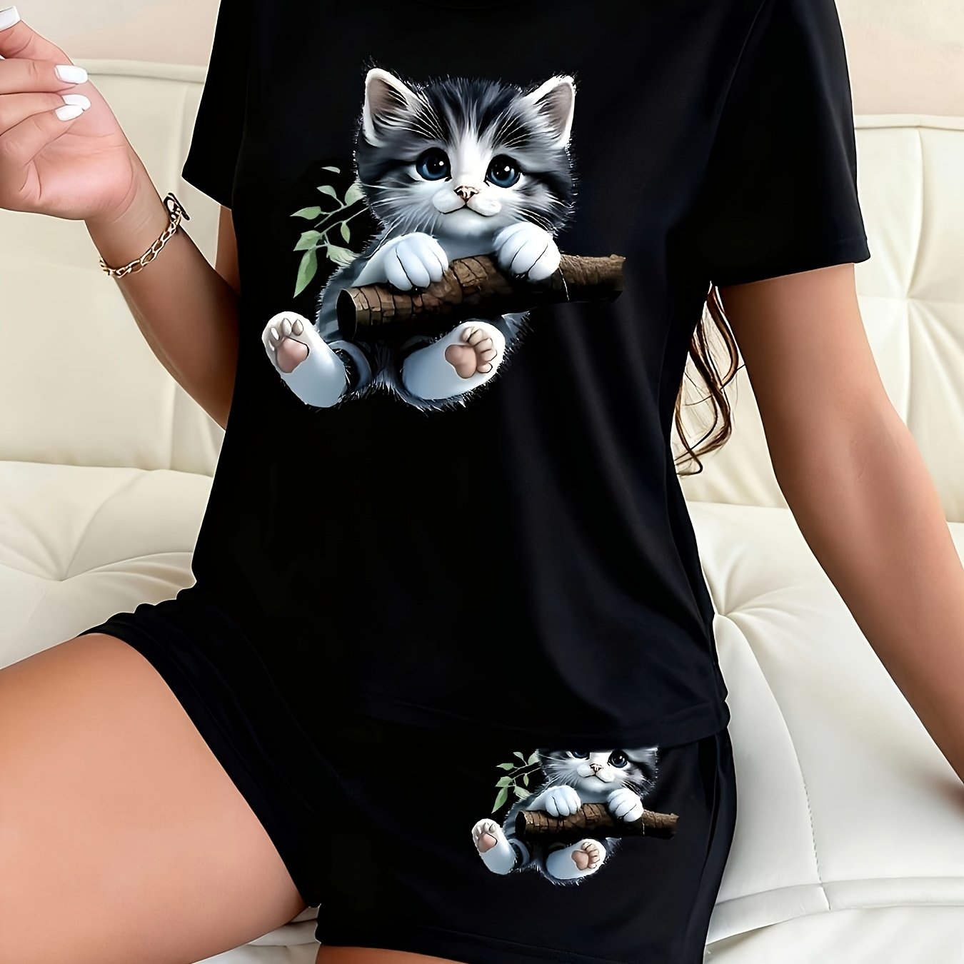TEMU 귀여운 나무를 껴안는 고양이 패턴 여성용 반팔 반바지 파자마 세트