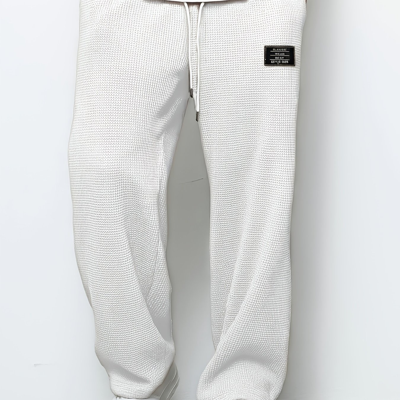 E-shop Klassische Herren Freizeithose, Weiße Waffel-Straight-Leg Hose | Elastischer Bund mit Kordelzug + Versteckte Seitentaschen, Lockerer Schritt für