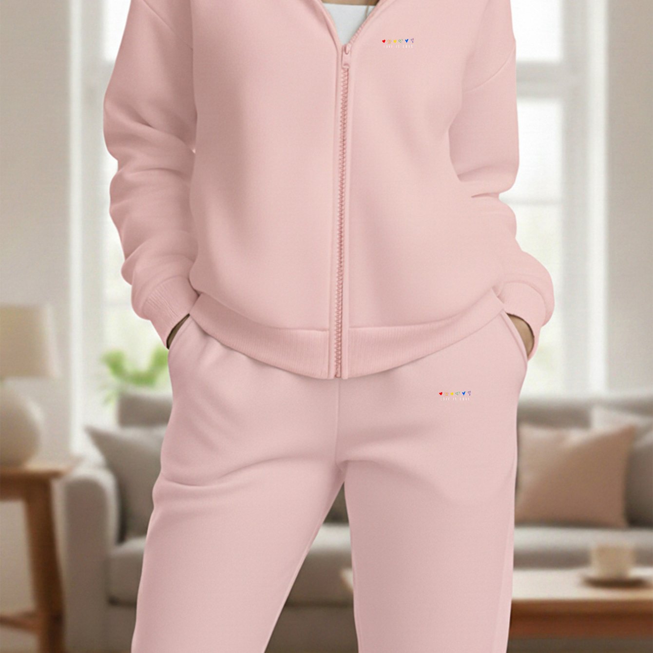 TEMU 2pcs Tracksuit Valentine's Day Theme Hooded Zip-up Sweatshirt Set Women's Casual Sports Two-piece Zip-up Sweatshirt   Matching Sweatpants Fleece