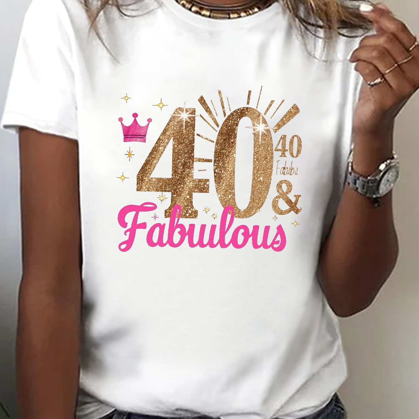 TEMU T-shirt à imprimé 40, haut décontracté à manches courtes et col rond pour l'été et , vêtements pour femmes
