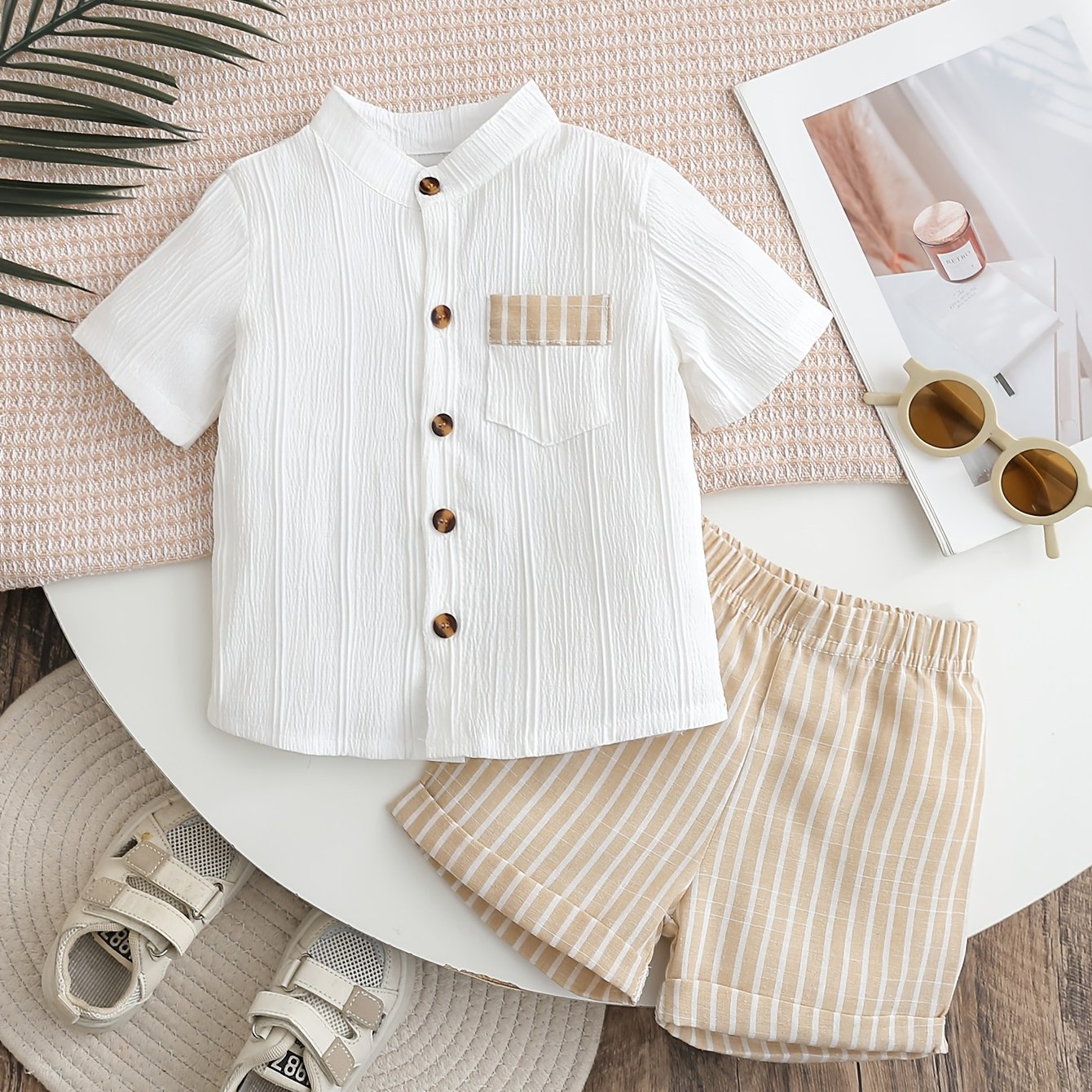 Image of Boys' Shorts Set: Stand Collar Solid Color Jacquard Texture Short Sleeve Shirt Top And Striped Shorts Summer 2pcs Set, Perfect For Outdoor