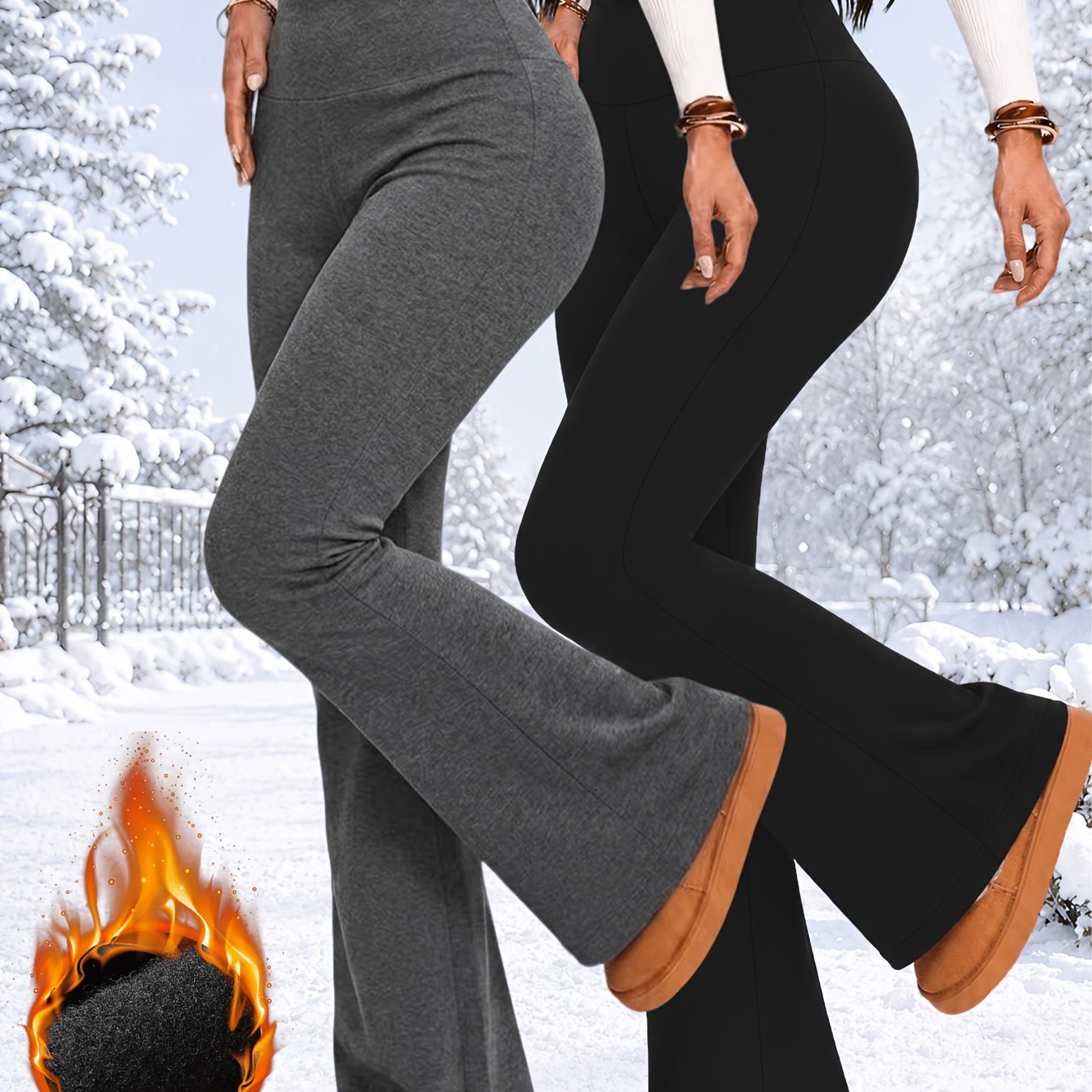 TEMU 2pcs Women' Soft -lined Flare Pants, High-waisted Thermal Bell-bottom Bootcut Pants For Winter Daily Outfits