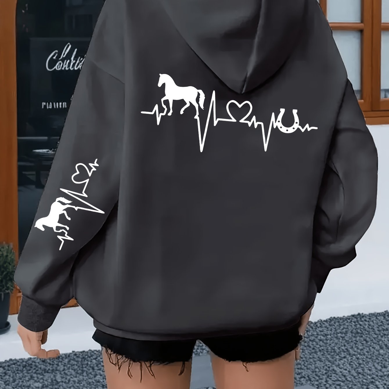 TEMU Plus Size - Plus Size - Women's Autumn/winter Plus Size Hoodie Zip Jacket-horse Heartbeat Graphic Print Design, Slightly Elastic Machine