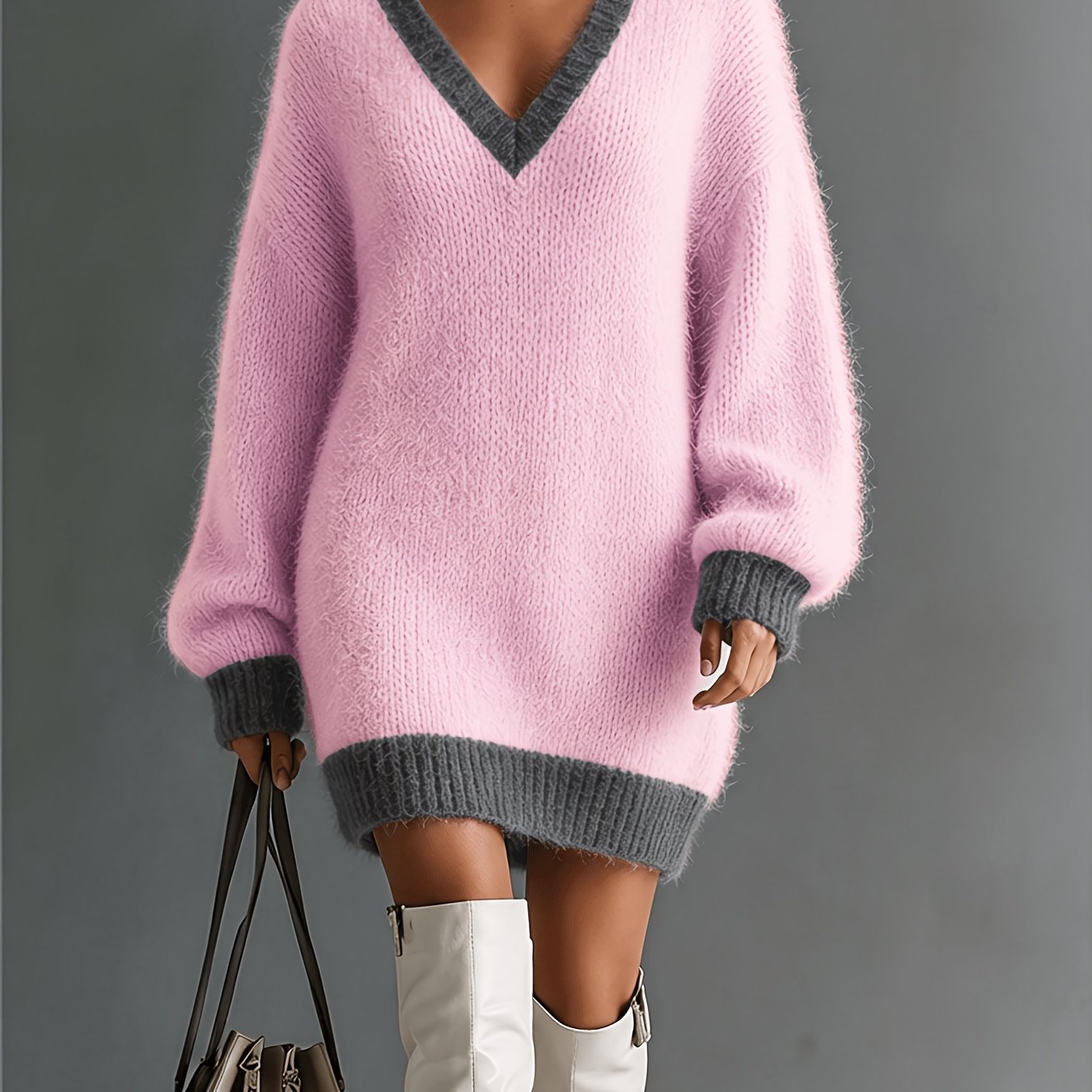 TEMU Plus Size, Xia Xiaotang European And Plus Size Women's Autumn/winter Loose Fit Elegant Casual Fashion Commuter Soft And Smooth Pullover V-neck