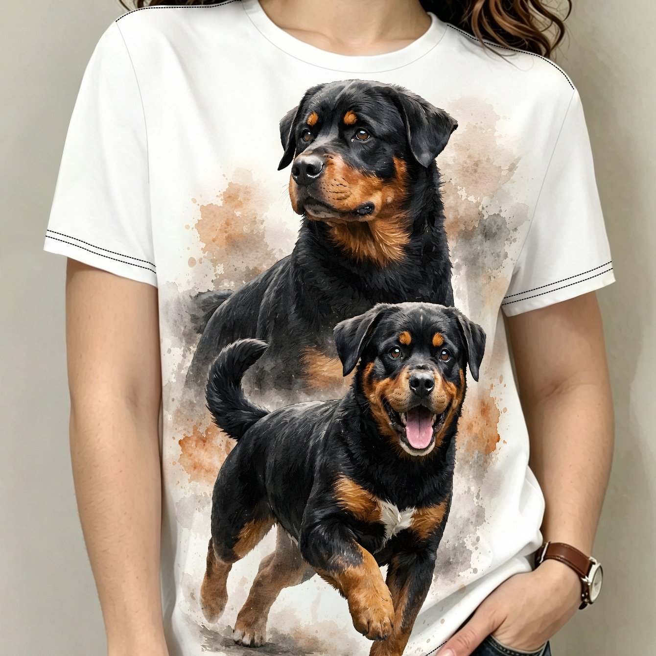 TEMU Women' Rottweiler Full-body Print T-shirt - Short Sleeve Summer Casual Top With Rottie Dog, Machine Washable Suitable For S & Casual Attire,