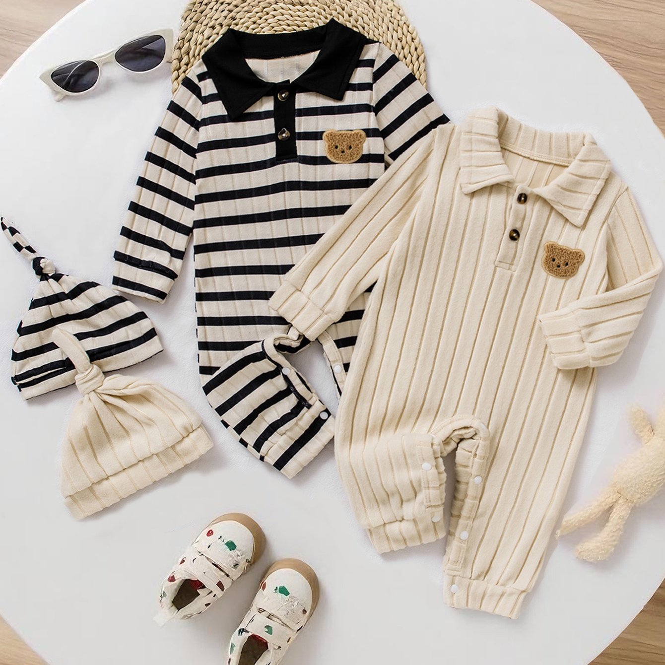Image of 4-piece Boys' Spring/autumn New Style Fuzzy Vertical Ribbed Collar Cute Bear Patch Romper And Hat Casual Fashion Set, Suitable For Outdoors, Perfect For Outdoor