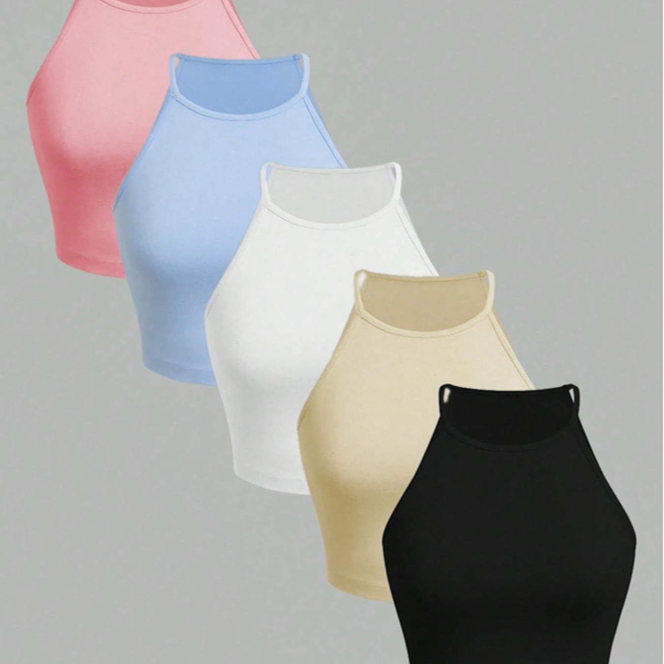 TEMU Women's Slim--revealing Camisole Tank Top 5pcs Set In Pink, Blue, White, Apricot, And Black . A Versatile Style For Daily , Featuring A Pure And
