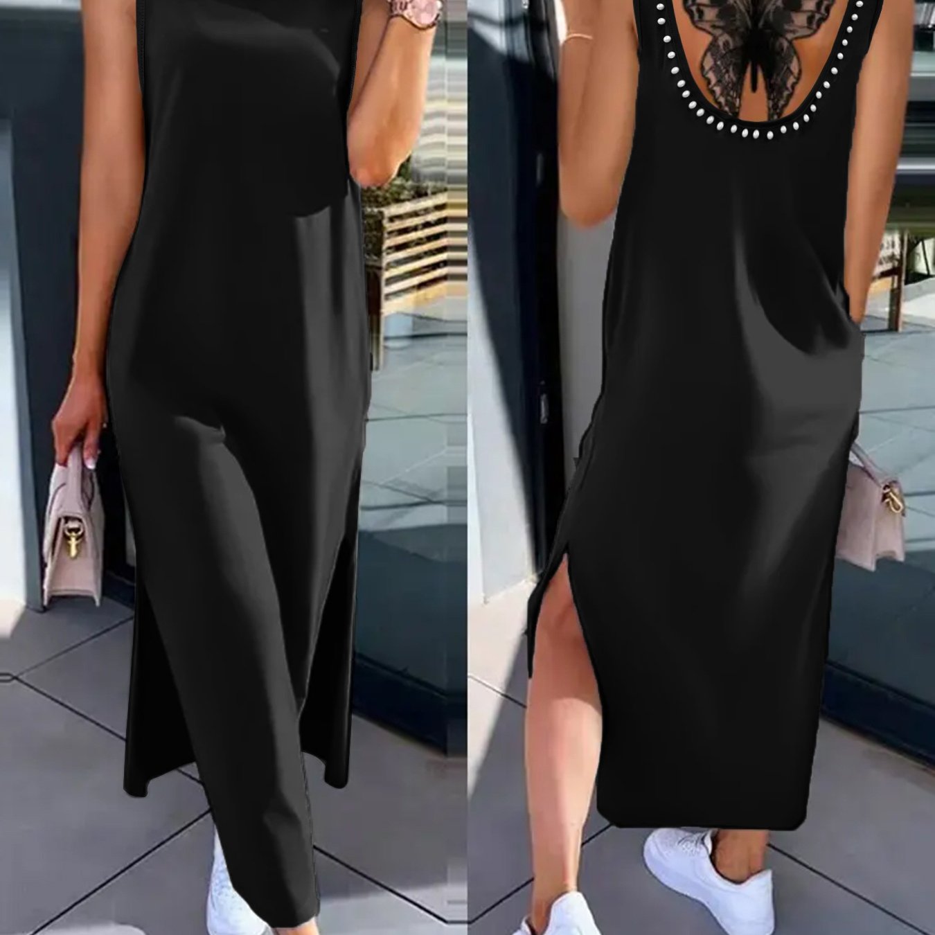 Image of Women's Side-slit Vest Maxi Dress With Back Studded Beads Sexy Dress