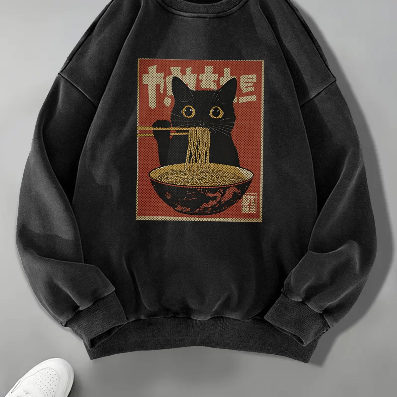 Image of Cartoon Cat Printed Casual Retro Women's Washed Round Neck Hoodie For Autumn And Winter, Women's Clothing