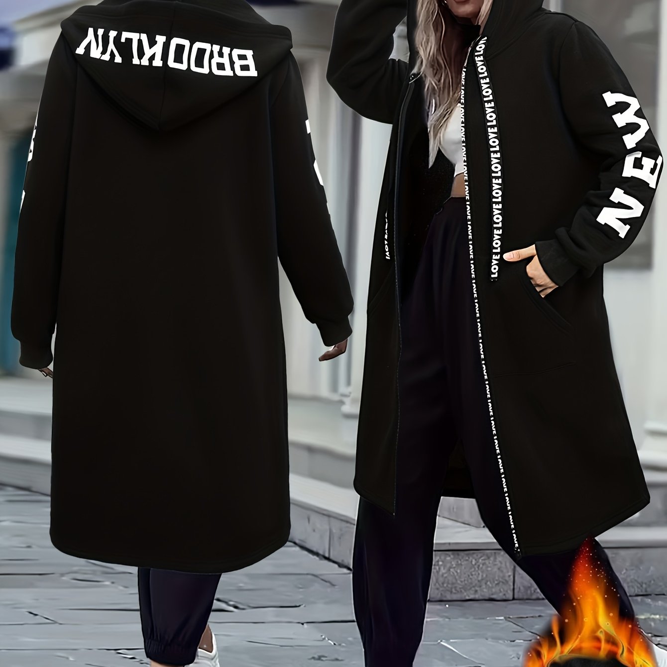 TEMU Autumn/winter Women's Fashion Casual "" English Print Hooded Jacket, 'love' English Zipper Front Hoodie Jacket, , -lined For And , Suitable For