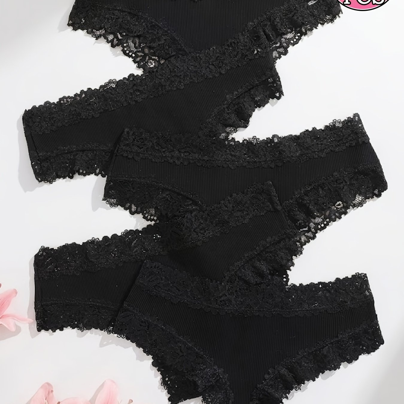 Image of 5-pack Women's Contrast Lace Ribbed Panties, Black, Romantic Solid Panties, Comfortable Underwear, Comfortable Breathable Women's Brazilian Panties, Intimate Panties, Women's Lingerie & Underwear