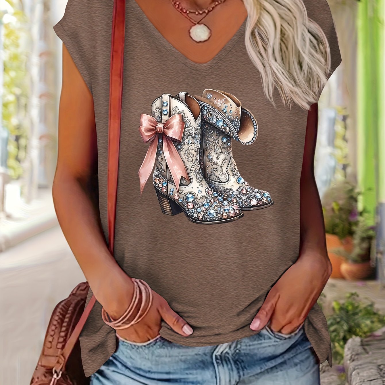 TEMU Women's Rhinestone & Bow Print V-neck T-shirt - Western Cowgirl Short Sleeve Top, Rayon Casual Blouse For Spring Summer Outfits, Country Music