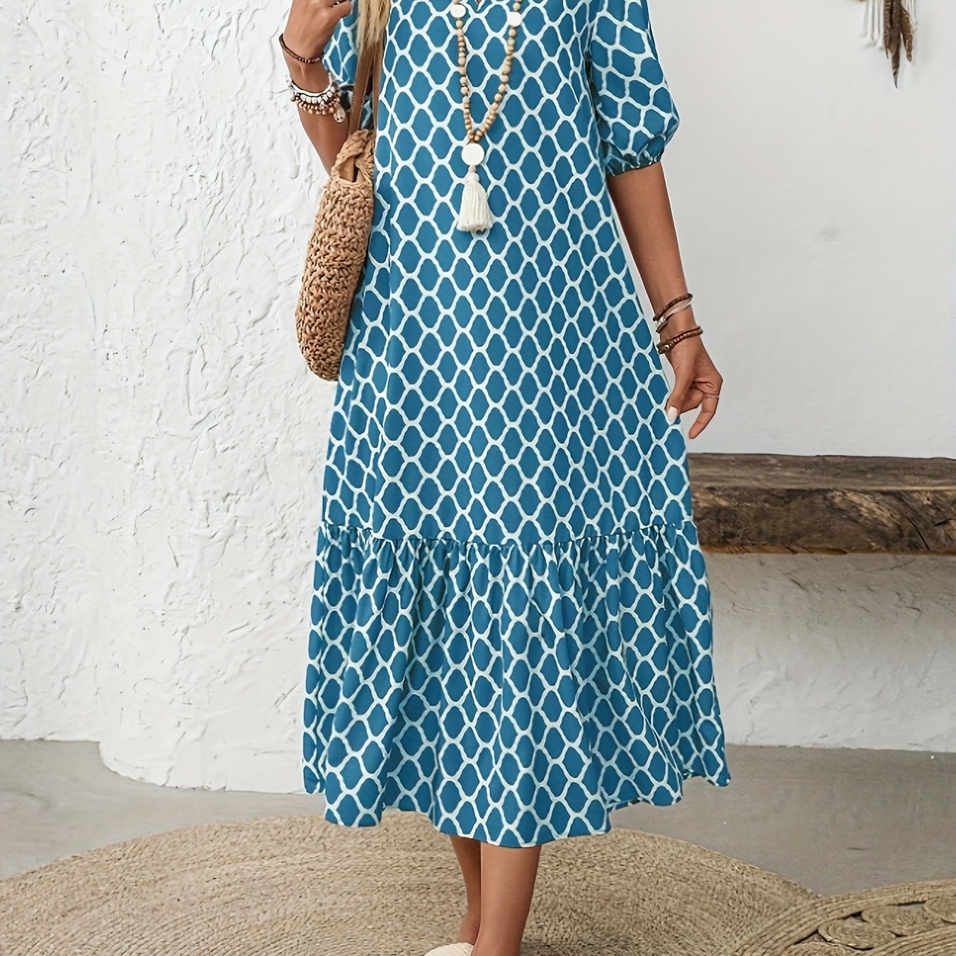Image of Women's Summer Casual Loose Elegant Geometric Print V-neck Puff Sleeve Long Dress