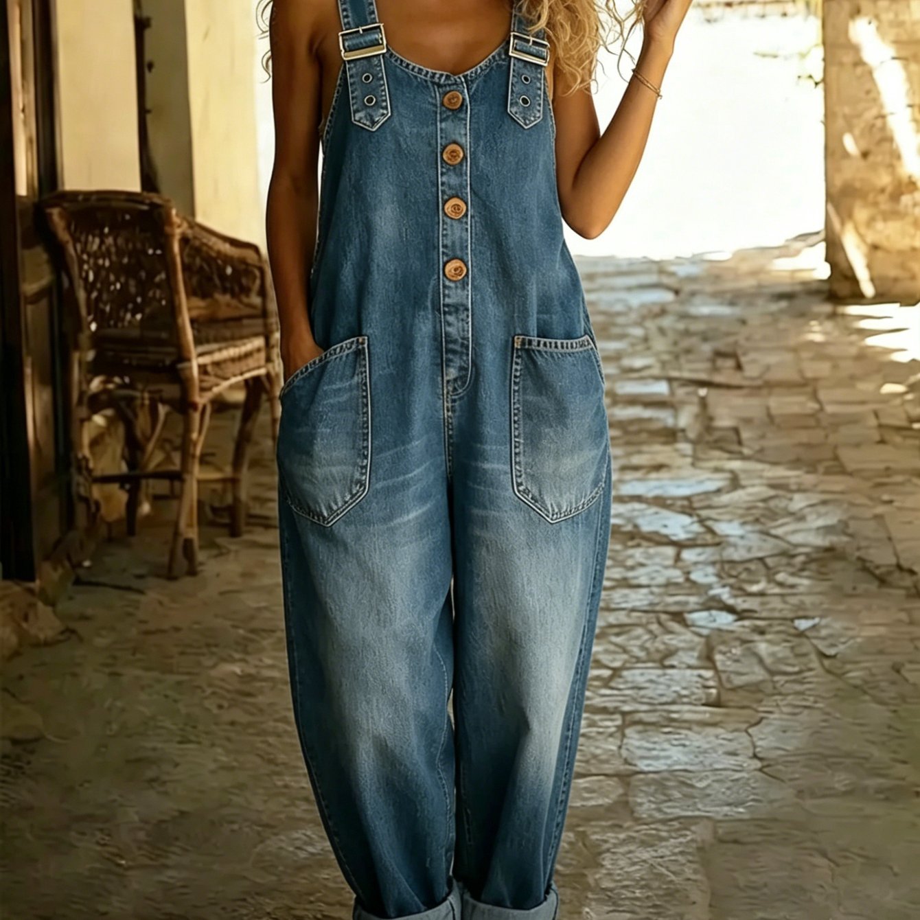 TEMU Women Vintage Washed Stretch Denim Overalls With Pockets, Adjustable Shoulder Straps & Button Detail Casual Jumpsuit