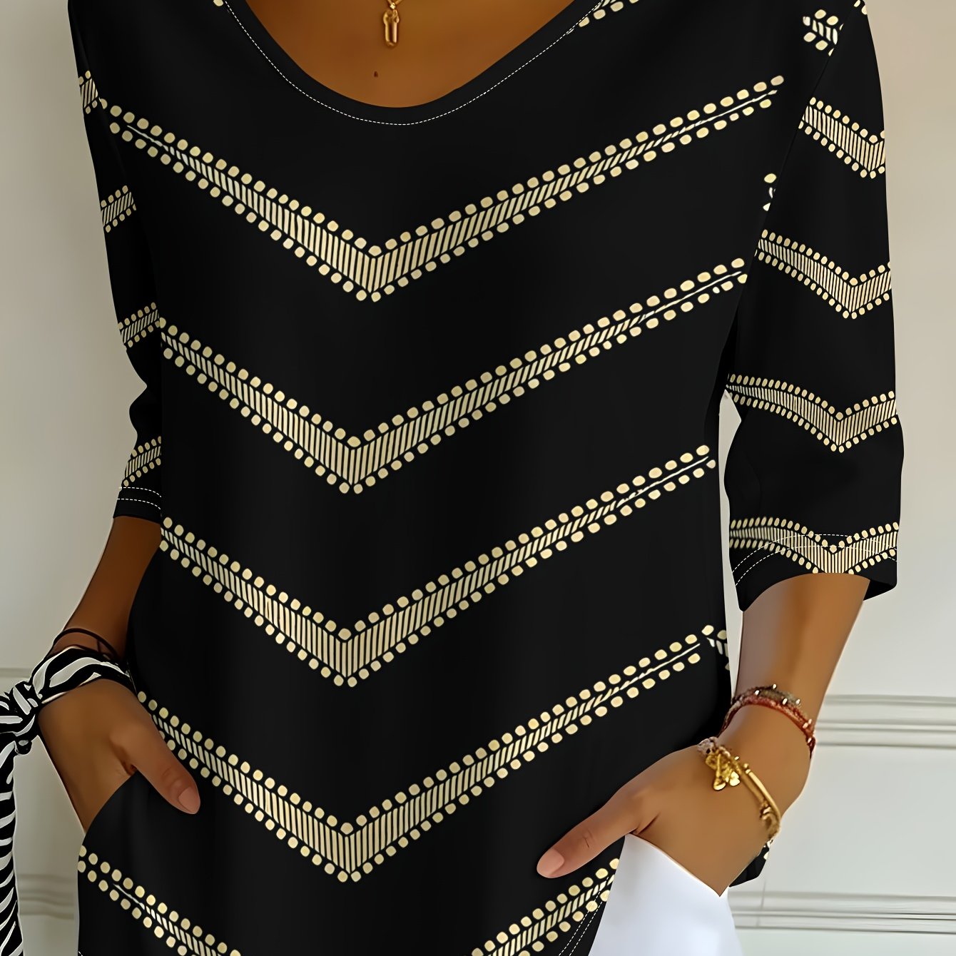 TEMU Women's Black And Golden Bohemian Print V-neck Three-quarter Sleeve T-shirt, Spring And Autumn Casual Top