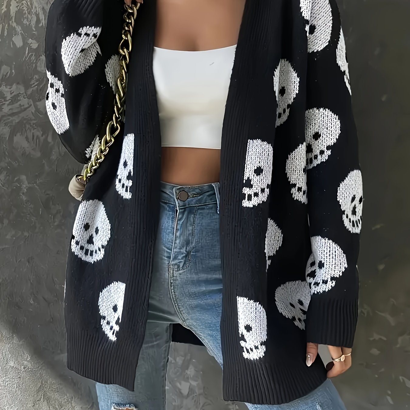 Image of Plus Size Halloween Pattern Open Front Cardigan, Casual Long Sleeve Knitted Cardigan, Women's Plus Size Clothing